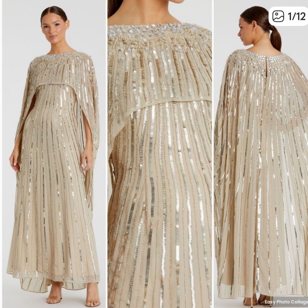 NWT $798 MAC DUGGAL Gold Embellished Beaded Column Cape Gown DRESS 93869